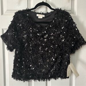 NWT Women's Sz Lg COCOBLEU Black Sequins SOFT short Sleeve Sweater Top Cocktail